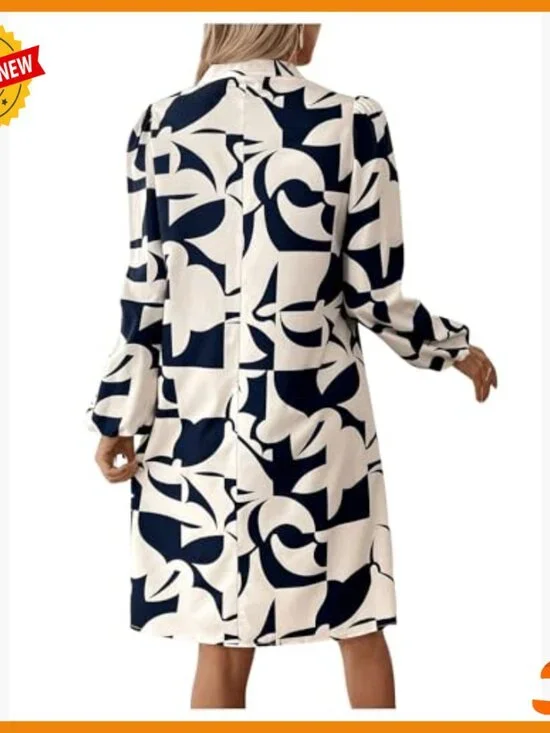 Geometric Print V-Neck Lantern Sleeve Casual Dress Polyester Long Sleeve - Picture 2 of 6